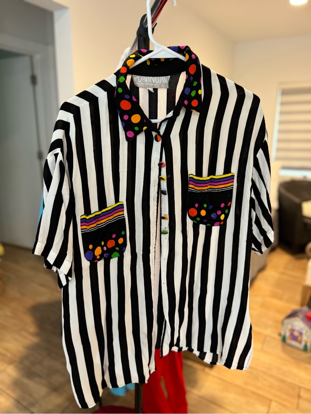 Playful Black & White Striped Kids Button-Up Shirt with Multicolor Accents